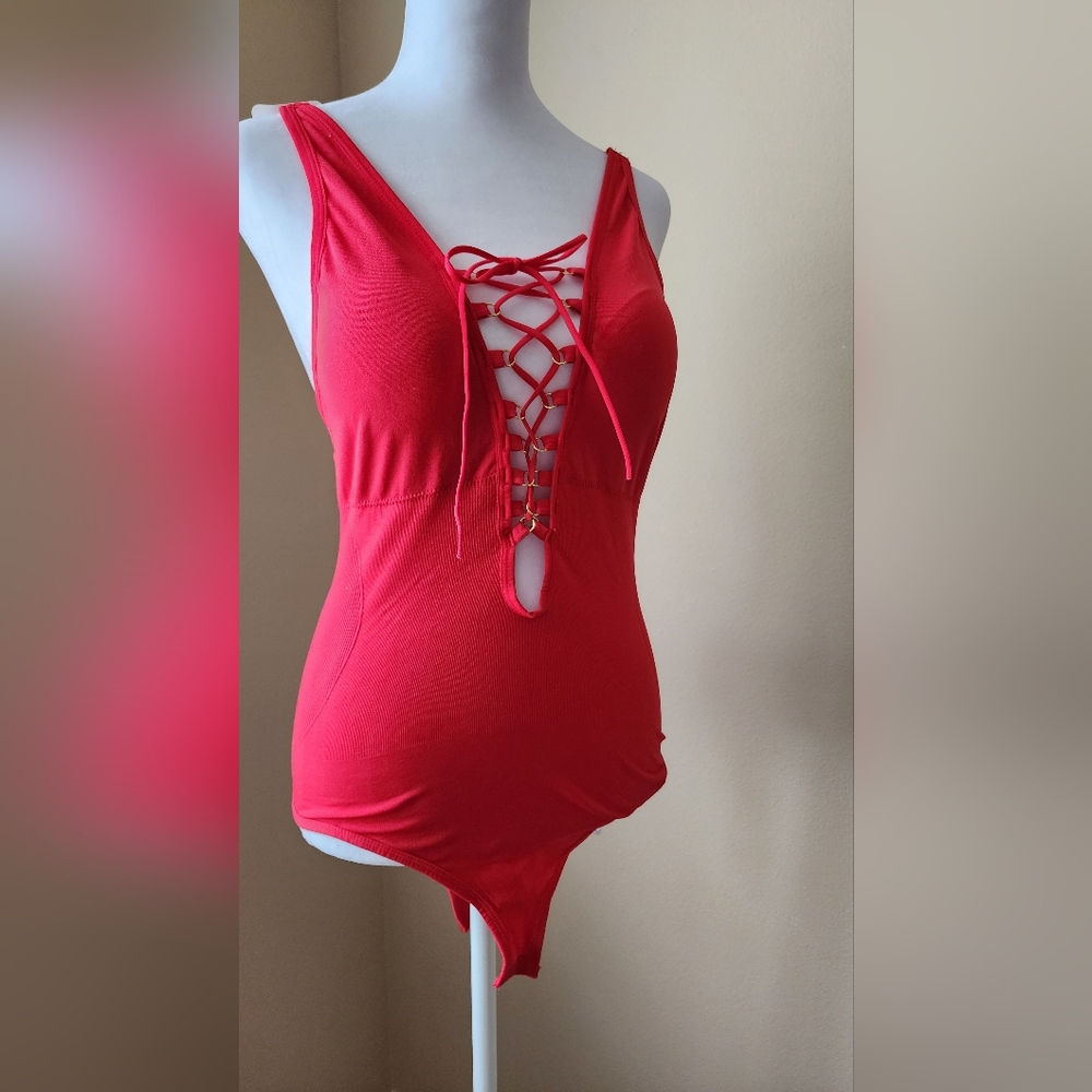 Red bodysuit sexy girls night out lace up sz L stretch